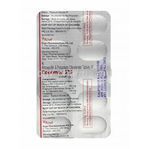 Coeamox, Amoxycillin 250mg and Clavulanic Acid tablet back