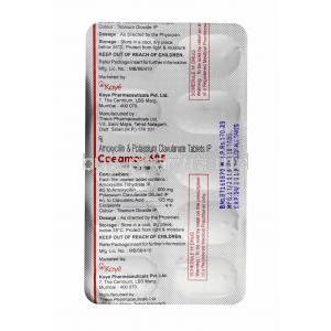 Coeamox, Amoxycillin 500mg and Clavulanic Acid tablet back
