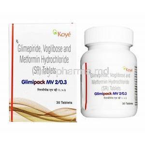 Glimipack MV, Glimepiride 2mg,  Metformin 500mg and Voglibose 0.3mg box and tablets