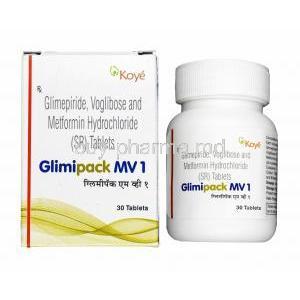Glimipack MV, Glimepiride 1mg, Metformin 500mg and Voglibose 0.2mg box and tablets