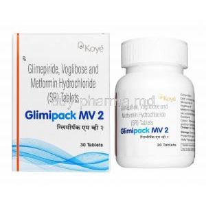 Glimipack MV, Glimepiride 2mg, Metformin 500mg and Voglibose 0.2mg box and tablets