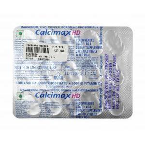 Calcimax HD, Calcium, Phosphorus and Magnesium tablet back