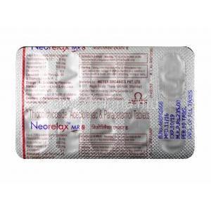 Neorelax MR, Thiocolchicoside 8mg, Aceclofenac 100mg and Paracetamol 325mg tablet back