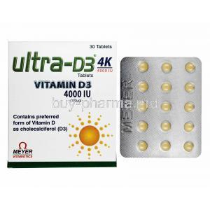 Ultra-D3, Vitamin D3 4000IU box and tablets