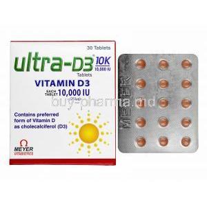 Ultra-D3, Vitamin D3 10000IU box and tablets