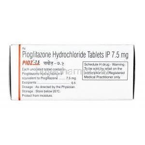 Pioz, Pioglitazone 7.5mg, Tablet,Box information