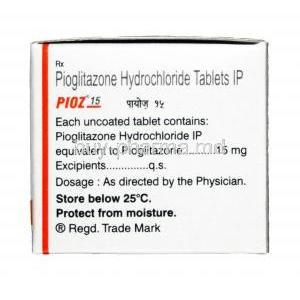 Pioz, Pioglitazone 15mg, Tablet,Box information