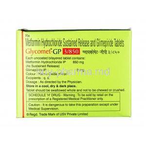 Glycomet GP, Glimepiride 3mg / Metformin 850mg, Tablet SR, Box information