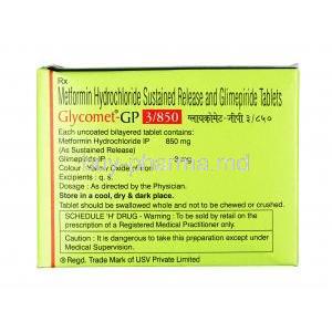Glycomet GP, Glimepiride 3mg / Metformin 850mg, Tablet SR, Box information