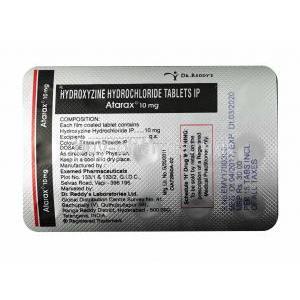 Atarax, Hydroxyzine 10mg tablet back