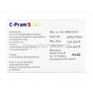 C-Pram S, Escitalopram 5mg composition