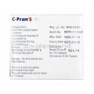 C-Pram S, Escitalopram 20mg composition