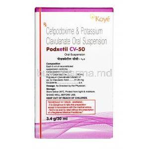 Podxetil CV,Cefpodoxime 50mg / Clavulanic Acid 31.25mg, Suspension 30ml, Box information