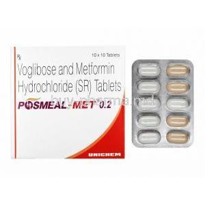 Posmeal-Met, Metformin 500mg and Voglibose 0.2mg box and tablets