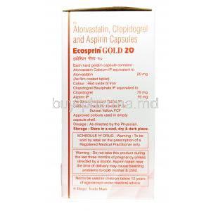 Ecosprin Gold,Aspirin 75 mg / Atorvastatin 20mg / Clopidogrel 75 mg, Capsule, Box information