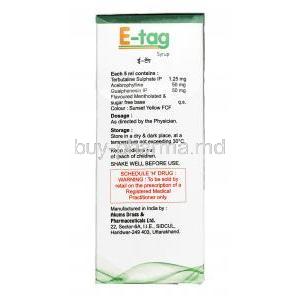 E Tag Syrup, Terbutaline 1.25 mg / Acebrophylline 50mg / Guaifenesin 50mg per 5ml, syrup, 100ml, Box information