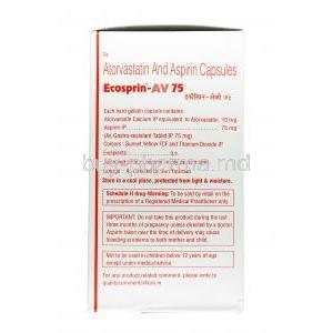 Ecosprin AV, Aspirin 75 mg / Atorvastatin 20mg, Capsule, Box information