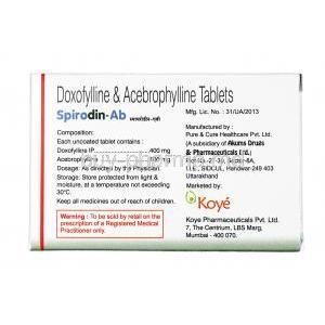 Spirodin-AB, Doxofylline 400mg / Acebrophylline 100mg, Tablet, Box information