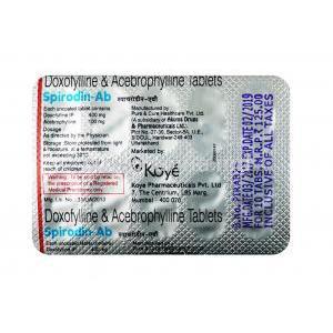 Spirodin-AB, Doxofylline 400mg / Acebrophylline 100mg, Tablet, Sheet information