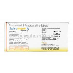 Spiromont A, Acebrophylline 200mg / Montelukast 10mg, Tablet,Box information