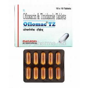Oflomac TZ, Ofloxacin and Tinidazole box and tablets