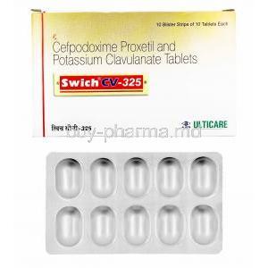 Swich CV, Cefpodoxime and Clavulanic Acid box and tablets