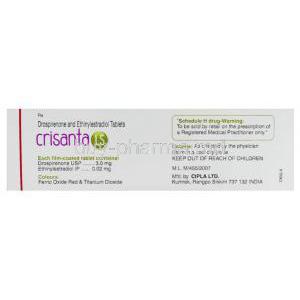 Crisanta, Generic  Yasmin, Drospirenone  3 mg Ethinyl  Estradiol 0.03 mg Cipla