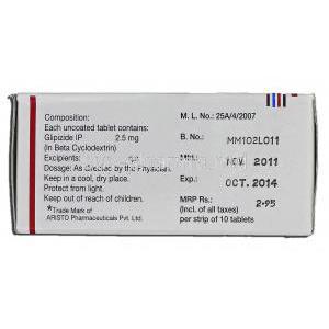 Glez 2.5, Glipizide in Beta Cyclodextrin Complex, 2.5 mg, Box description