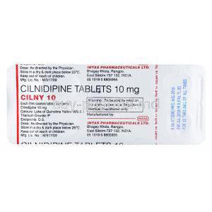 Generic Atelec, Cilnidipine, 10mg, Intas Pharmaceuticals, blister pack back presentation