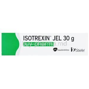 Isotrexin gel, Erythromycin 2%, Isotretinoin 0.05%, 30g, Stiefel, GSK, box front presentation