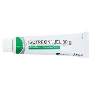 Isotrexin gel, Erythromycin 2%, Isotretinoin 0.05%, 30g, Stiefel, GSK, tube front presentation