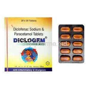 Diclogem, Diclofenac and Paracetamol box and tablets