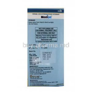 MEDIPET, Fipronil 0.25%, Liquid Disinfecto Chemical, 100ml, box information, manufacturer, expiry date, storage