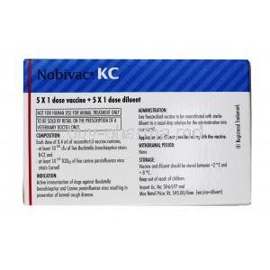 NOBIVAC KC Vaccine for bordetella bronchiseptica and canine parainfluenza virus, 1dose, Box Information, Storage, Indication