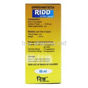 RIDD, Amitraz dip concentrate 12.5% Liquid, 60ml, Box information, Composition, Storage
