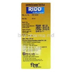 RIDD, Amitraz dip concentrate 12.5% Liquid, 60ml, Box information, Mfg , Exp date, Manufacturer