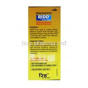 RIDD, Amitraz dip concentrate 12.5% Liquid, 60ml, Box information, Usage