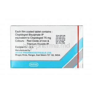 Preva, Clopidogrel, 75 mg, Tablet, box back information