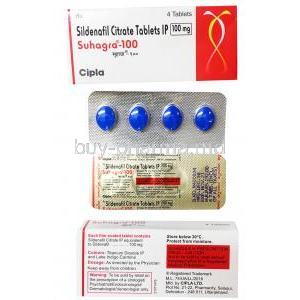 Suhagra-100, Sildenafil Citrate 100mg 4 tablets, box and blister pack presentation
