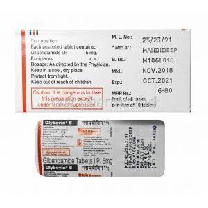 Glybovin, Glibenclamide 5mg manufacturer and tablet back