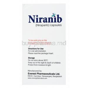 Niranib, Niraparib capsules 100mg, 30 capsules Everest, box side presentation with directions for use and storage instructions