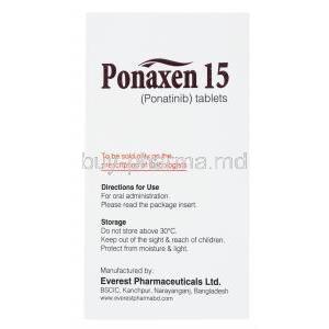 Ponaxen, Ponatinib, 15mg 30 tablets, Everest, box side presentation with directions for use and storage instructions
