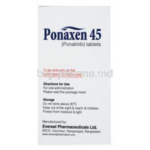 Ponaxen,Ponatinib 45mg 30 tabs, Everest, Box side presentation with directions for use and storage instructions