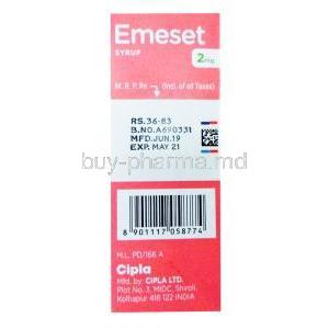 Emeset Syrup Lemon Flavour, 2mg 30ml, Cipla Kids, box side presentation