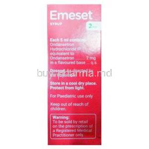 Emeset Syrup Lemon Flavour, 2mg 30ml, Cipla Kids, box side presentation with information