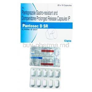 Pantosec D SR  (SR) Domperidone 30mg/ Pantoprazole 40mg , 20. 10 capsules, Cipla, box and blister pack presentation