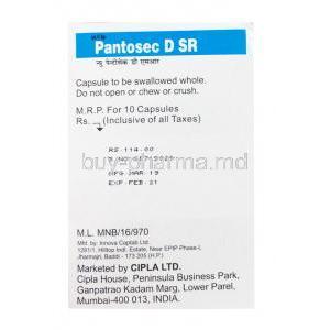 Pantosec D SR (SR) Domperidone 30mg/ Pantoprazole 40mg , 20. 10 capsules, Cipla, box side presentation