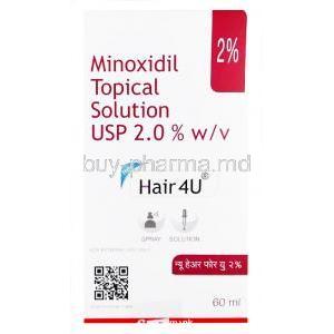 Hair4U, Minoxidil Topical Solution USP 2.0% 60ml, Box front presentation