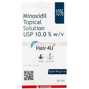 Hair4U, Minoxidil Topical Solution USP 10.0% 60ml, box front presentation