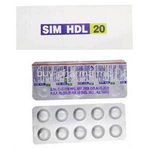 SIM HDL, Simvastatin, 40 mg, box and blister pack